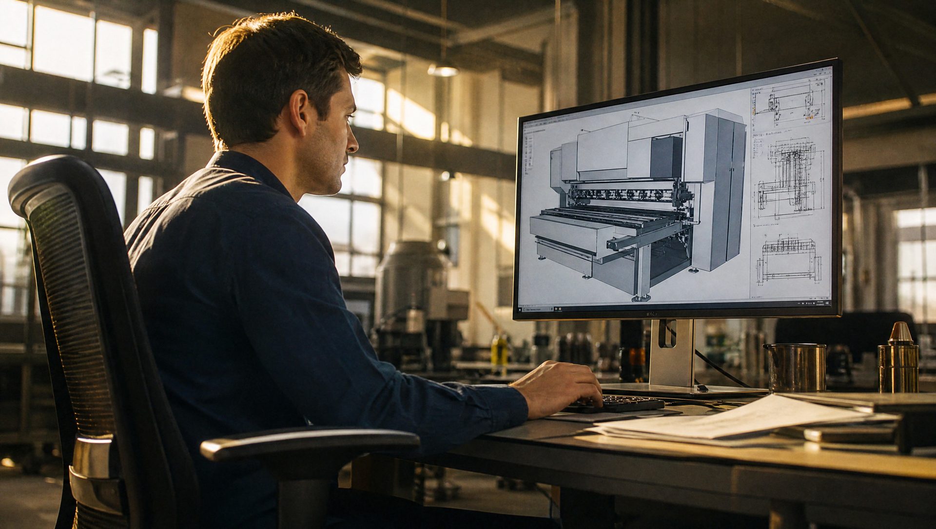 Tecnico al lavoro su un progetto CAD in un ufficio tecnico
